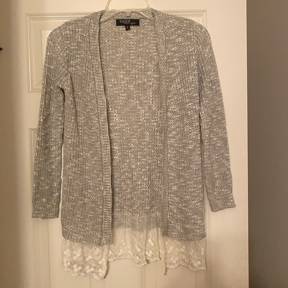 Sugar Rush Girls Sweater Gray with Lace Trim, size small
